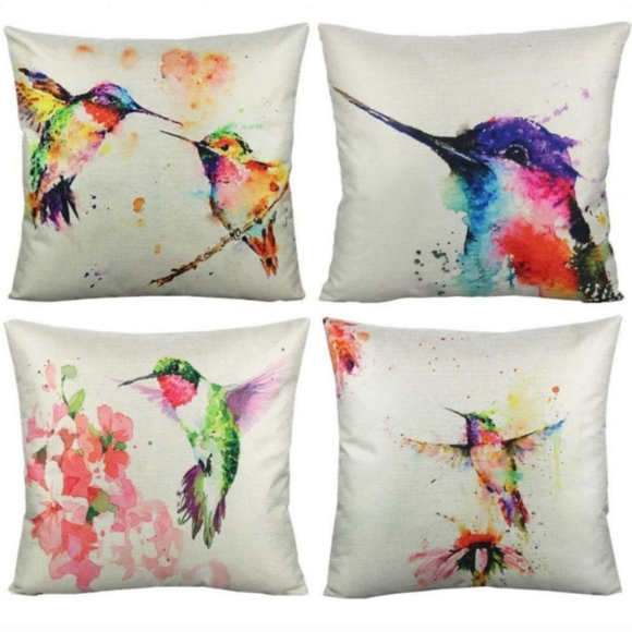 Set 4 Hummingbird Colorful Watercolor Bird Pillow Covers Throw Pillows Birds New - Picture 7 of 10